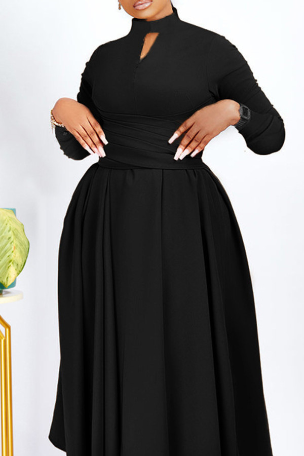 Black Elegant Solid Hollowed Out Patchwork O Neck A Line Dresses