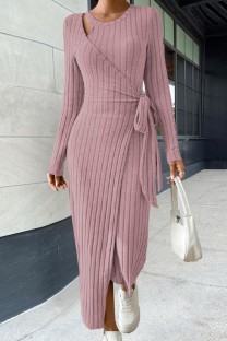 Pink Casual Solid Frenulum O Neck Long Sleeve Dresses
