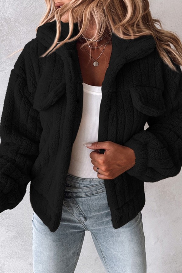 Black Casual Solid Cardigan Turndown Collar Outerwear