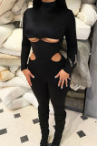 Black Street Solid Hollowed Out Patchwork Zipper Turtleneck Skinny Jumpsuits