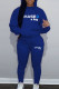 Blue Casual Print Patchwork Draw String Pocket Hooded Collar Long Sleeve Two Pieces