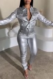 Silver Casual Solid Patchwork Turndown Collar Outerwear
