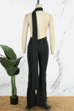 Black Sexy Solid Hollowed Out Backless Slit Halter Skinny Jumpsuits