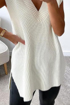 White Elegant Solid Patchwork Slit V Neck Tops