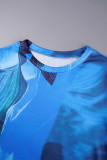 Blue Casual Print Basic O Neck Long Sleeve Dresses