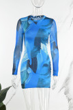 Blue Casual Print Basic O Neck Long Sleeve Dresses