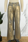 Gold Casual Bronzing Patchwork Mid Waist Straight Denim Jeans