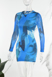 Blue Casual Print Basic O Neck Long Sleeve Dresses