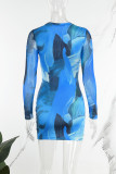 Blue Casual Print Basic O Neck Long Sleeve Dresses