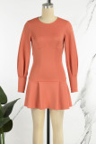 Orange Casual Solid Backless O Neck Long Sleeve Dresses