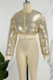 Yellow Street Solid Sequins Patchwork Zipper O Neck Outerwear