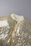 Yellow Street Solid Sequins Patchwork Zipper O Neck Outerwear