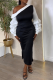 Black White Party Elegant Patchwork Contrast Oblique Collar Long Sleeve Dresses