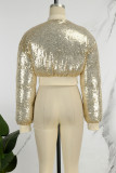 Yellow Street Solid Sequins Patchwork Zipper O Neck Outerwear