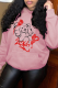 Pink Daily Vintage Print Draw String Hooded Collar Tops