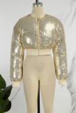 Yellow Street Solid Sequins Patchwork Zipper O Neck Outerwear