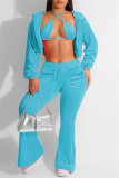 Light Blue Casual Solid Basic Hooded Collar Long Sleeve Three Piece Set