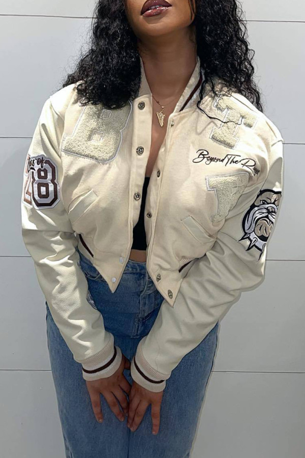 White Casual Letter Patchwork Pocket Buckle O Neck Outerwear