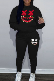 Black Casual Print Patchwork Draw String Pocket Hooded Collar Long Sleeve Two Pieces