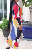 Blue Red Street Color Block Patchwork Cardigan Collar Printed Dress Dresses