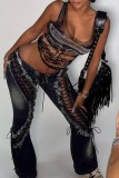 Black Casual Print Basic U Neck Tops