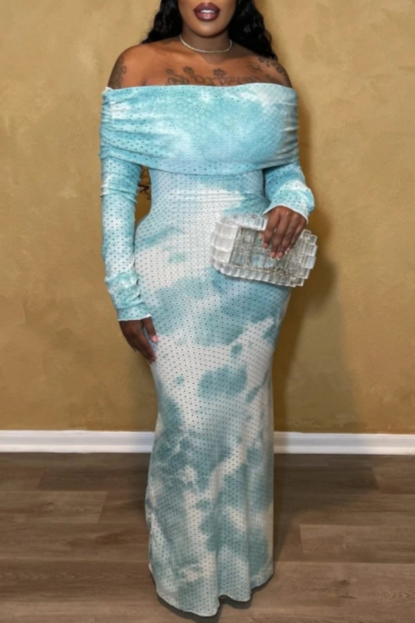 Light Blue Casual Print Tie-dye Off the Shoulder Long Dress Dresses