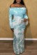Light Blue Casual Print Tie-dye Off the Shoulder Long Dress Dresses