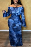Light Blue Casual Print Tie-dye Off the Shoulder Long Dress Dresses