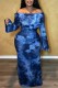 Deep Blue Casual Print Tie-dye Off the Shoulder Long Dress Dresses
