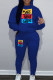Blue Casual Print Patchwork Draw String Pocket Hooded Collar Long Sleeve Two Pieces
