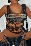 Black Casual Print Basic U Neck Tops