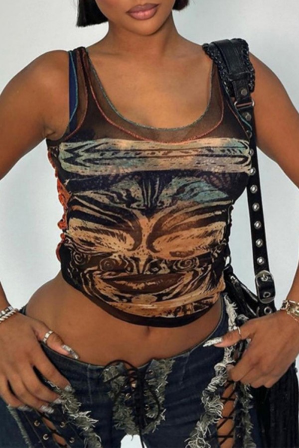 Black Casual Print Basic U Neck Tops