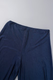 Deep Blue Sexy Solid Hollowed Out Patchwork O Neck Long Sleeve Two Pieces
