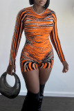Orange Casual Print Basic O Neck Skinny Rompers