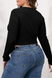 Black Casual Solid Hollowed Out O Neck Plus Size Tops