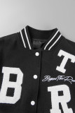 White Casual Letter Patchwork Pocket Buckle O Neck Outerwear