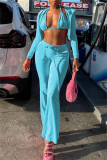 Light Blue Casual Solid Basic Hooded Collar Long Sleeve Three Piece Set