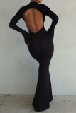 Black Casual Solid Backless Turtleneck Long Dress Dresses