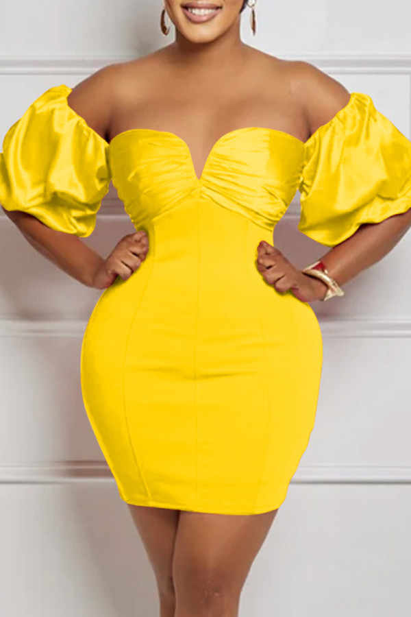 Yellow Sexy Solid Backless Off the Shoulder One Step Skirt Dresses