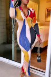 Blue Red Street Color Block Patchwork Cardigan Collar Printed Dress Dresses