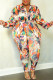 Orange Yellow Casual Print Patchwork Turndown Collar Plus Size Two Pieces