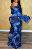 Light Blue Casual Print Tie-dye Off the Shoulder Long Dress Dresses