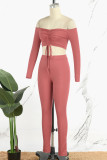 Brick Red Sexy Casual Solid Backless Off the Shoulder Long Sleeve Two Pieces