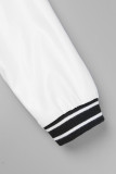 White Casual Letter Patchwork Pocket Buckle O Neck Outerwear