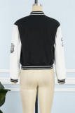White Casual Letter Patchwork Pocket Buckle O Neck Outerwear