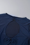 Deep Blue Sexy Solid Hollowed Out Patchwork O Neck Long Sleeve Two Pieces