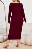 Burgundy Casual Solid Basic V Neck Long Sleeve Plus Size Dresses