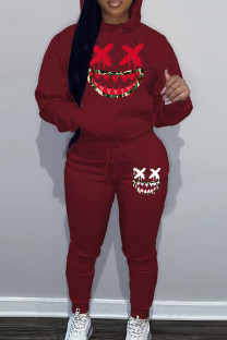 Burgundy Casual Print Patchwork Draw String Pocket Hooded Collar Long Sleeve Two Pieces