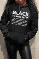 Black Street Daily Print Draw String Letter Hooded Collar Tops