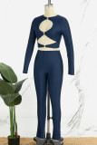Deep Blue Sexy Solid Hollowed Out Patchwork O Neck Long Sleeve Two Pieces